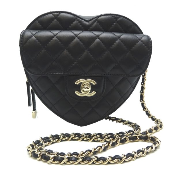 dh81113 1 Chanel Matelasse Heart Shape Chain Shoulder Lambskin Black