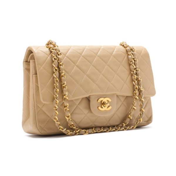 dn8azj6lr45ld 3 Chanel Matelasse Double Flap Chain Shoulder Bag Beige