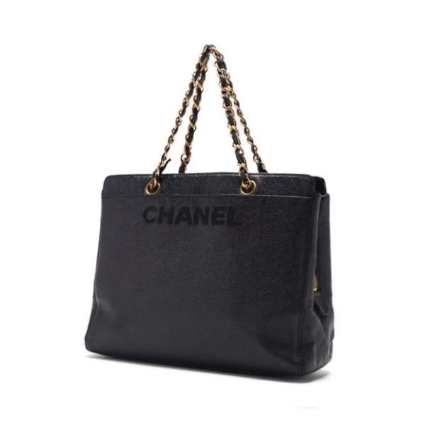 dpjxj508nrzj3 2 Chanel Logo Mark Double Chain Tote Caviar Skin Black Gold