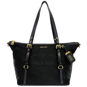 ec 18984 1 Prada Handbag Nylon Leather Black Gold Hardware 2way Shoulder Bag