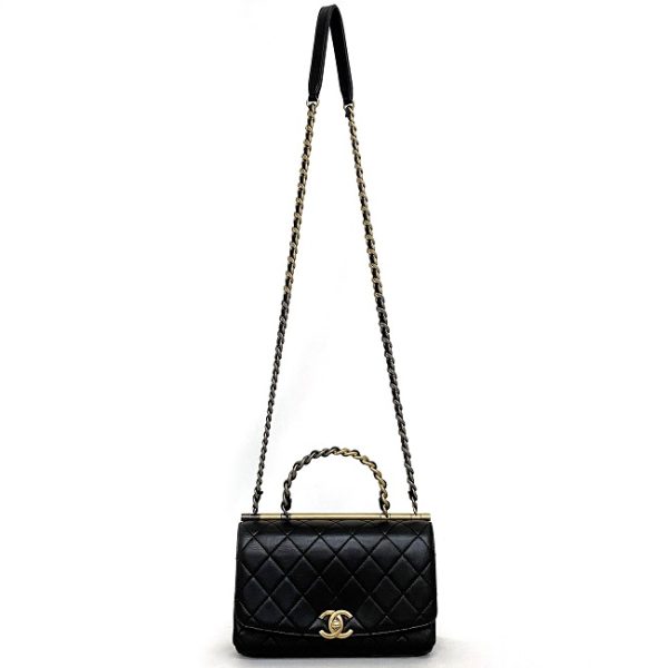 f 18714 2 Chanel 2way Top Handle Black Gold Silver