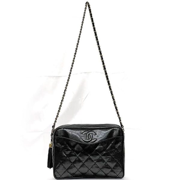 f 19088 2 Chanel Chain Shoulder Bag Lizard Leather Black