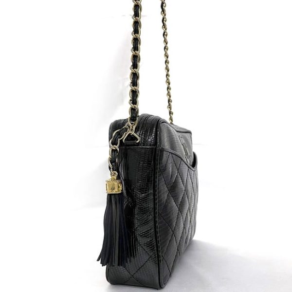 f 19088 3 Chanel Chain Shoulder Bag Lizard Leather Black