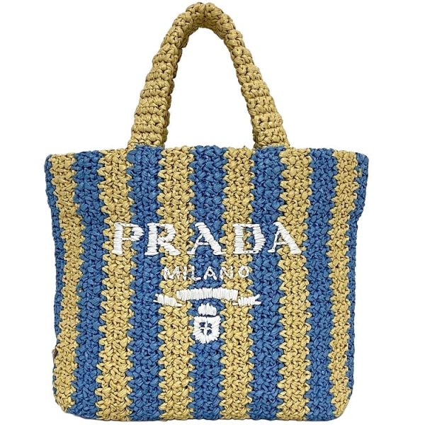 f 20617 1 Prada Tote Bag Beige Blue Striped Raffia