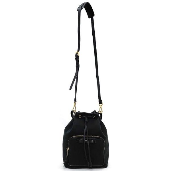 f17714 2 Prada Drawstring Canvas Leather Bucket Bag Black Gold Nero