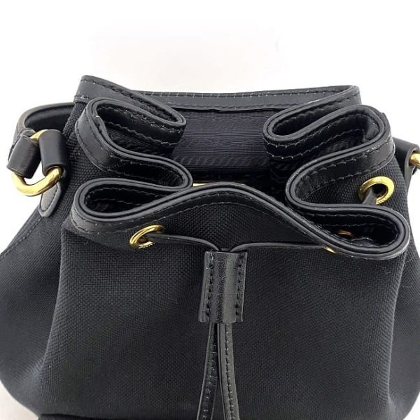 f17714 6 Prada Drawstring Canvas Leather Bucket Bag Black Gold Nero