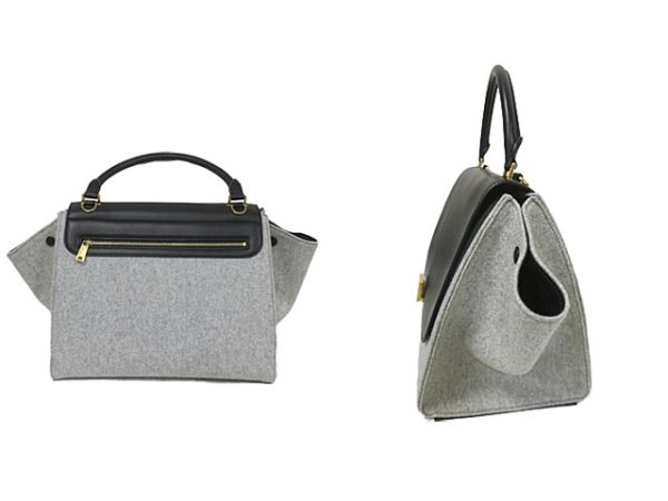 g 0663 2 r28 Celine 2Way Trapeze Wool Leather Bag Gray Black