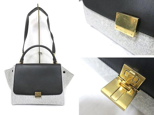 g 0663 3 r28 Celine 2Way Trapeze Wool Leather Bag Gray Black