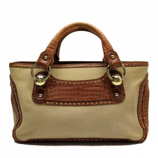 g1666b 1 Celine Boogie Bag Canvas Embossed Leather Beige Brown