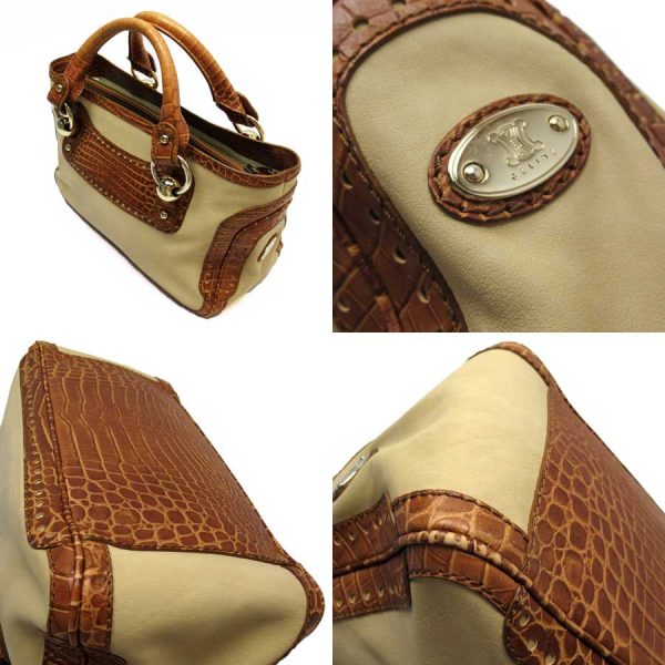 g1666b 2 Celine Boogie Bag Canvas Embossed Leather Beige Brown