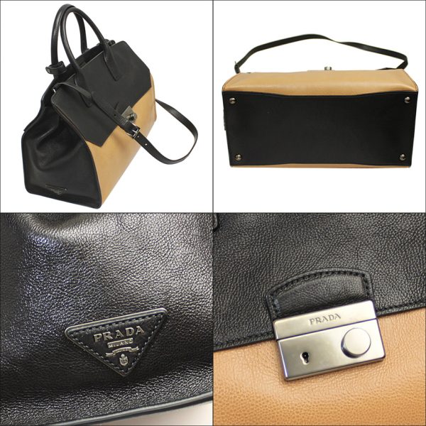 img61789176 Prada 2Way HandShoulder Bag Leather Natural x Black