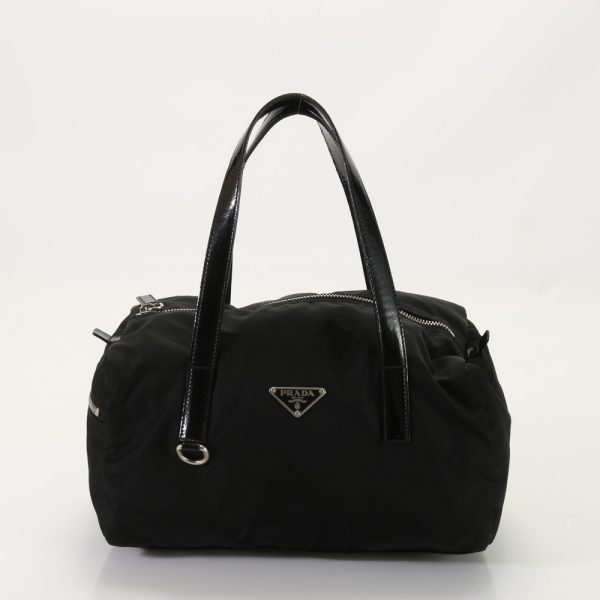 img 01684417 Prada Tessuto Nylon Mini Boston Triangle Logo Handbag Black