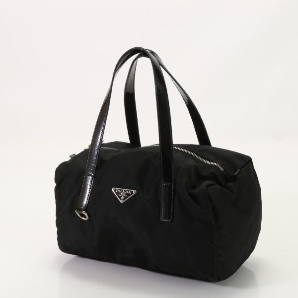 img 01684418 Prada Tessuto Nylon Mini Boston Triangle Logo Handbag Black