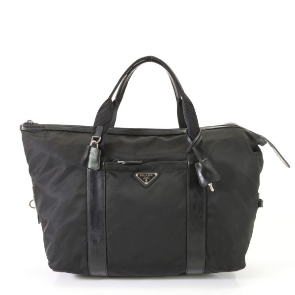 img 01687605 Prada Tesuto Nylon Triangle Logo Tote Bag Leather Black