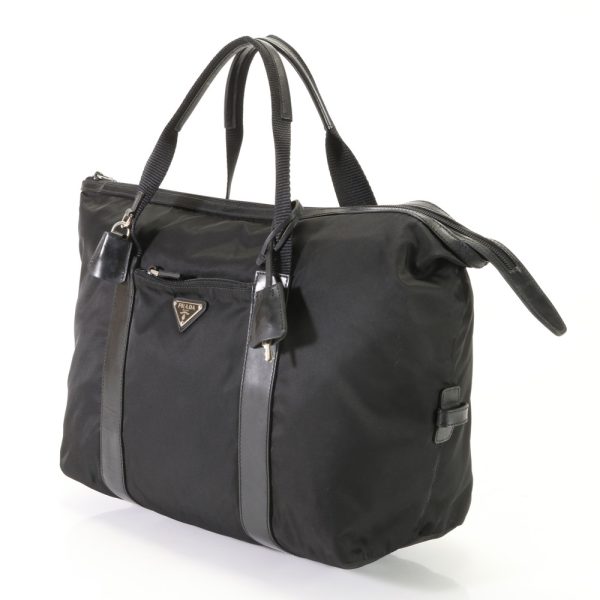 img 01687606 Prada Tesuto Nylon Triangle Logo Tote Bag Leather Black