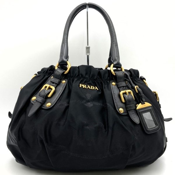 it3lubai63m0 1 Prada Gathered Logo Embroidery Leather Handbag Black