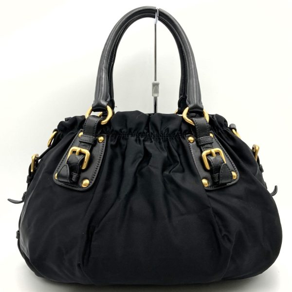 it3lubai63m0 2 Prada Gathered Logo Embroidery Leather Handbag Black