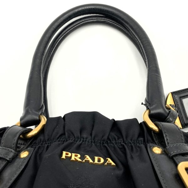 it3lubai63m0 5 Prada Gathered Logo Embroidery Leather Handbag Black