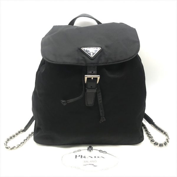 k2756 1 Prada Triangle Logo Tesuto Chain Backpack Black