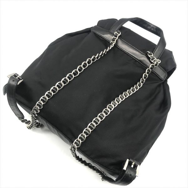 k2756 2 Prada Triangle Logo Tesuto Chain Backpack Black