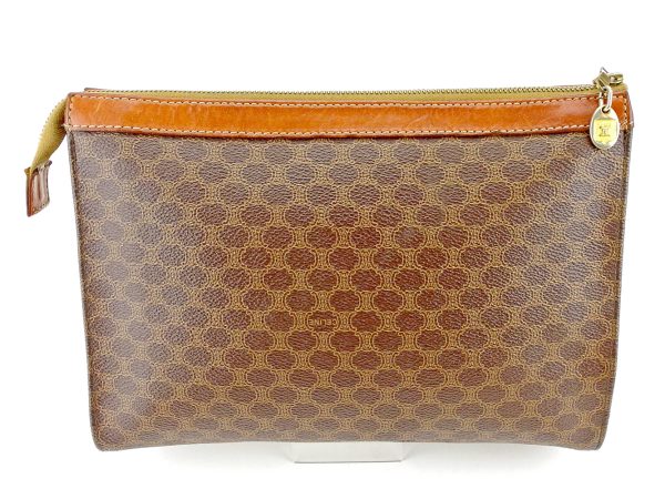 l2039 1 Celine Clutch Bag Macadam Brown Beige Gold PVC Leather