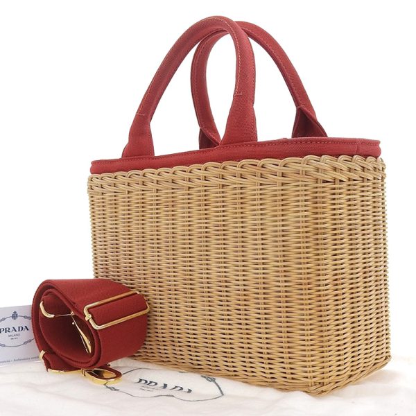 ob1445 2 Prada Wicker Straw Canvas Leather Handbag Beige Red