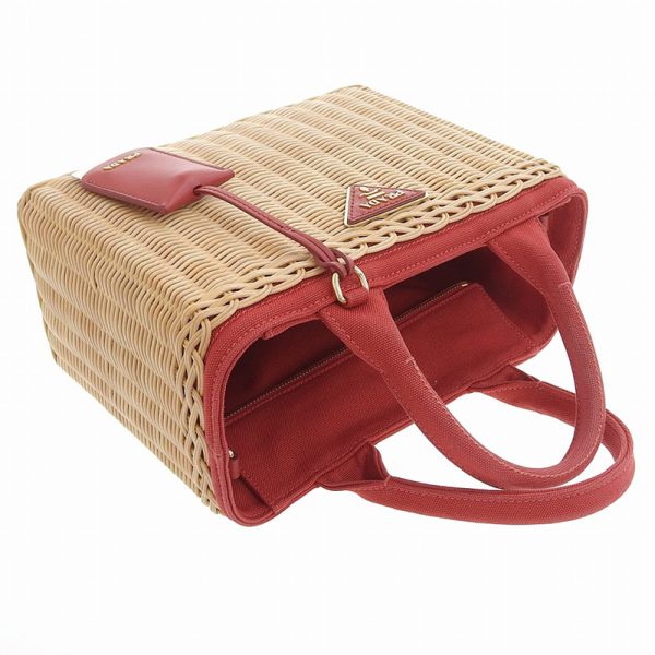 ob1445 5 Prada Wicker Straw Canvas Leather Handbag Beige Red