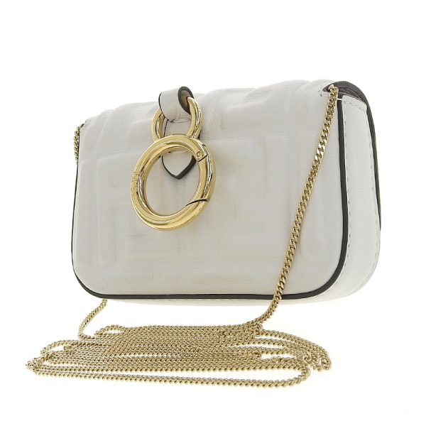 obb0493 2 Fendi Nano Charm Mini Chain Leather Bucket Bag White