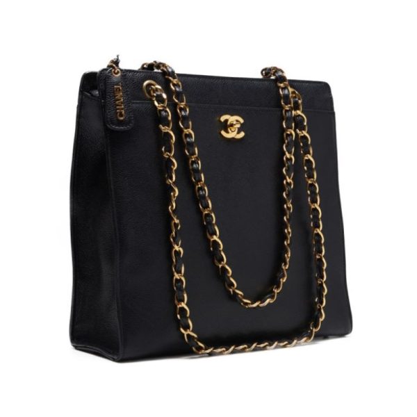 qp0qw9e5gjagk 3 Chanel Turnlock Double Chain Shoulder Caviar Skin Black Gold