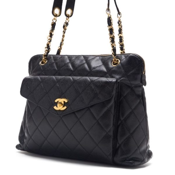 qploadbyrk9jm 2 Chanel Matelasse Outside Flap Double Chain Caviar Skin Black Gold