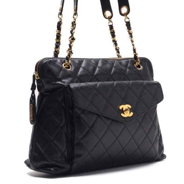 qploadbyrk9jm 3 Chanel Matelasse Outside Flap Double Chain Caviar Skin Black Gold