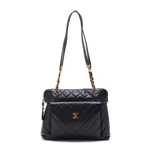 qploadbyrk9jm 5 Chanel Matelasse Outside Flap Double Chain Caviar Skin Black Gold