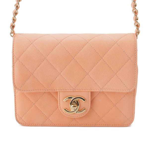 re cha sh w 00224 Chanel Caviar Skin Matelasse Chain Shoulder Bag Salmon Pink