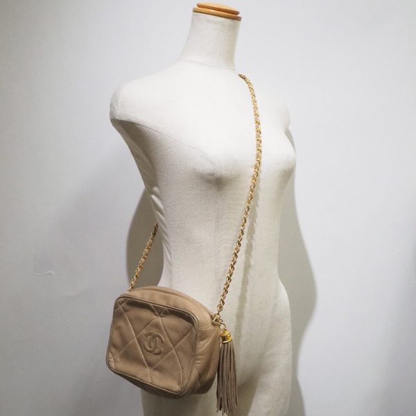 s182222364 13 Chanel Chain Shoulder Bag Fringe Lambskin Crossbody Zipper Beige