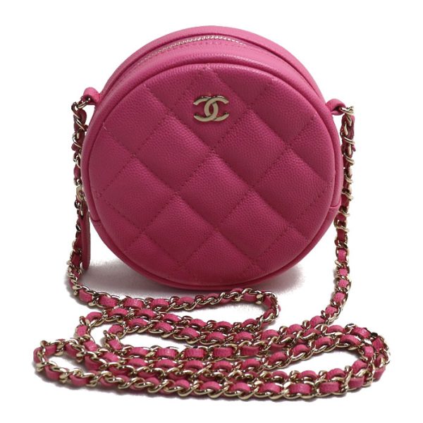 sb24 0209 50 210 Chanel Matelasse Round Chain Shoulder Bag Pink Caviar Skin