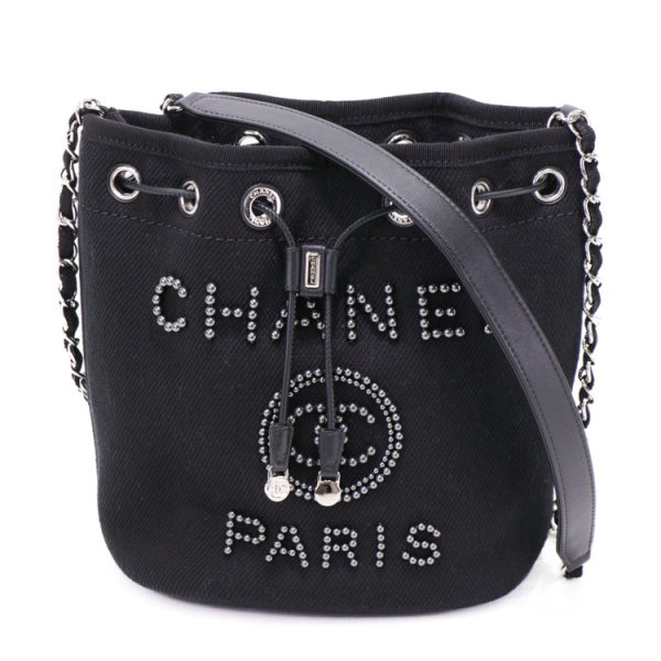 sw24 0169 02 Chanel Deauville Drawstring Shoulder Bag Black