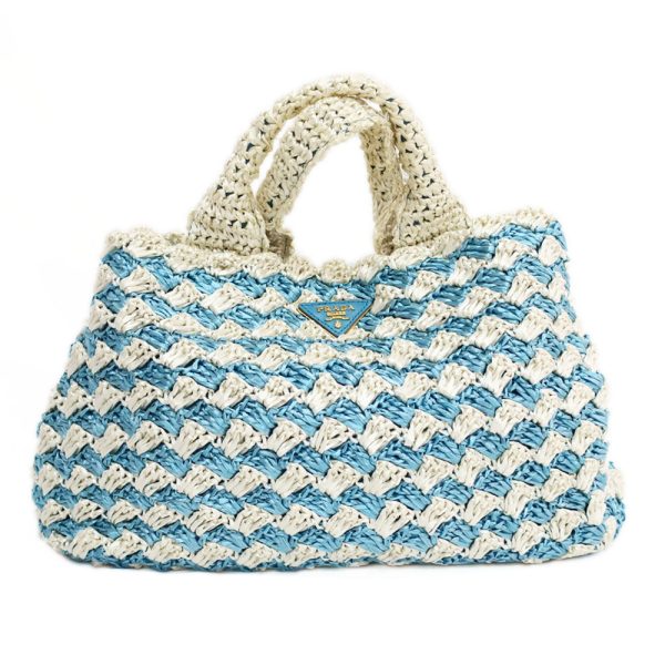 t2406 06 01hi1151cs Prada Handbag Basket Bag Raffia Logo Plate Blue White