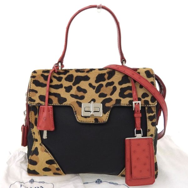 tk20b1218043 1 Prada 2WAY Handbag Leopard Harako Ostrich Brown Red