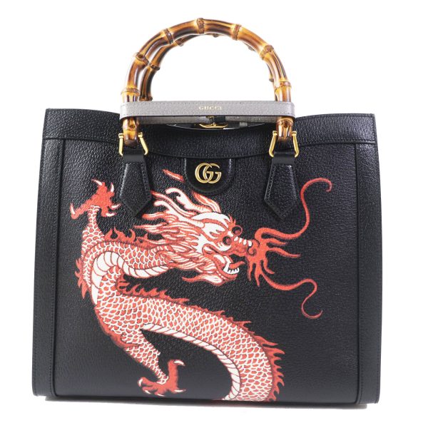 00005002 1 Gucci Diana Medium Dragon 3 Way Leather Bamboo Handle Shoulder Bag Black