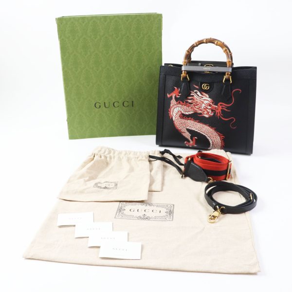 00005002 2 Gucci Diana Medium Dragon 3 Way Leather Bamboo Handle Shoulder Bag Black