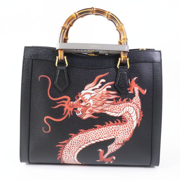 00005002 5 Gucci Diana Medium Dragon 3 Way Leather Bamboo Handle Shoulder Bag Black