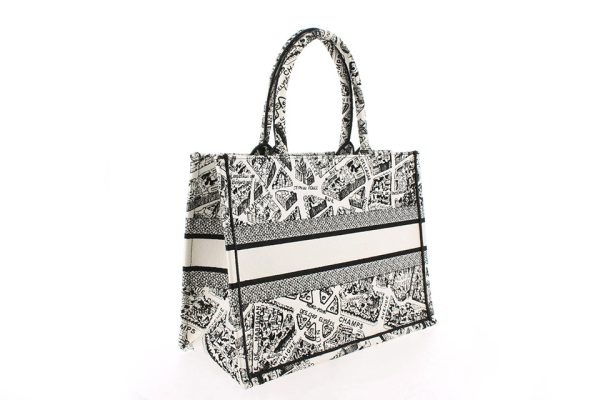 0318s18 Dior Book Tote Medium Plan de Paris White Black