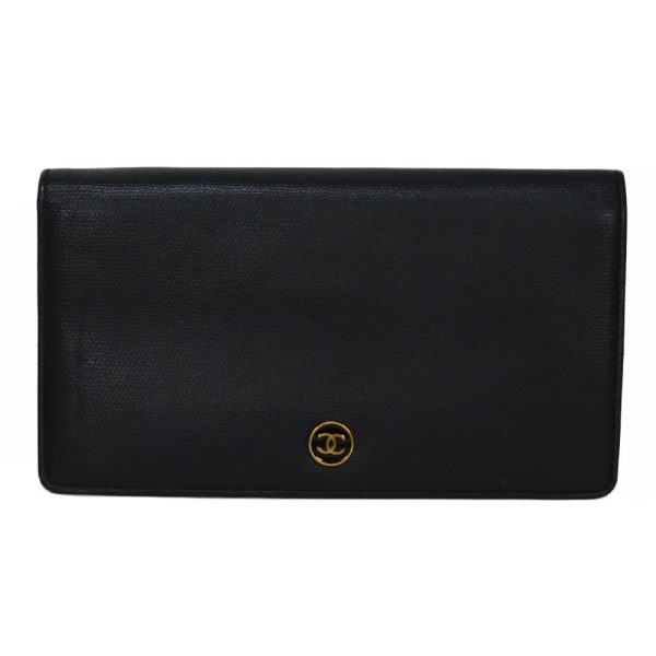 03136h 1 Chanel Long Flap Wallet Leather Black