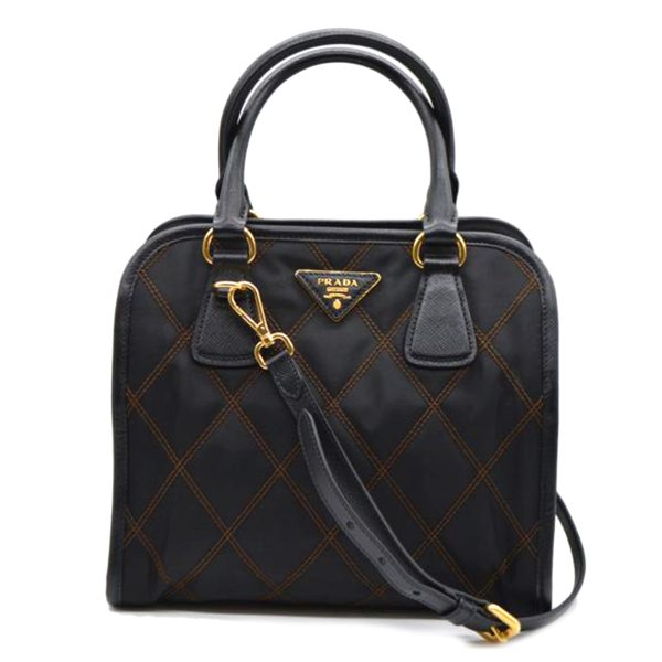 03196 1 Prada Saffiano Suit Quilting Leather Handbag Black