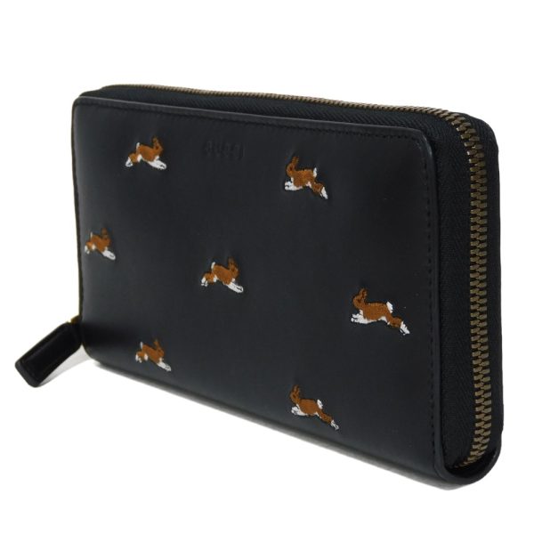 06068h 2 Gucci Rabbit Embroidery Zip Around Wallet Leather Black