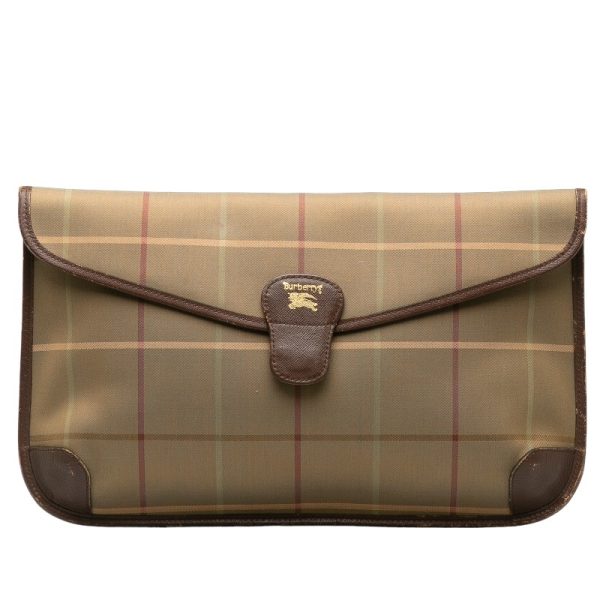 1 0138974 1 Burberry Check Leather Clutch Bag Brown