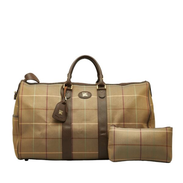 1 0145784 1 Burberry Check Boston Leather Travel Bag Brown