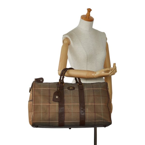 1 0145784 11 Burberry Check Boston Leather Travel Bag Brown