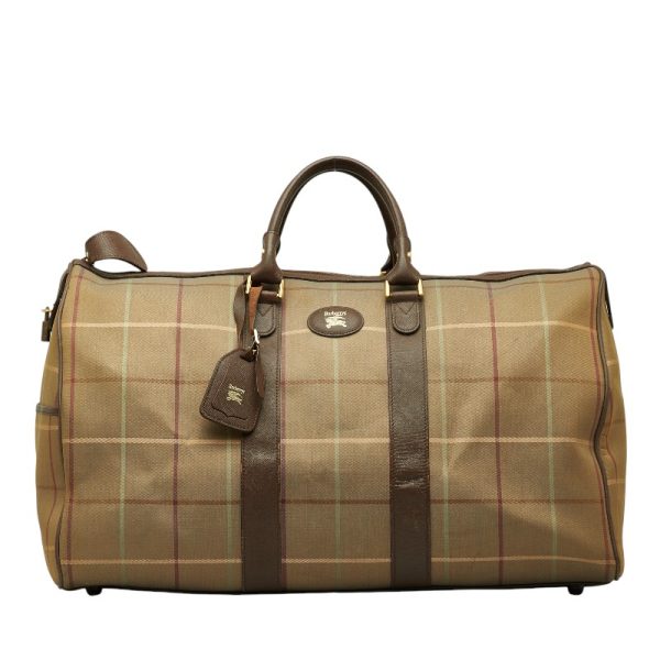 1 0145784 2 Burberry Check Boston Leather Travel Bag Brown