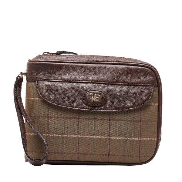 1 0147696 1 Burberry Check Pouch Leather Handbag Brown